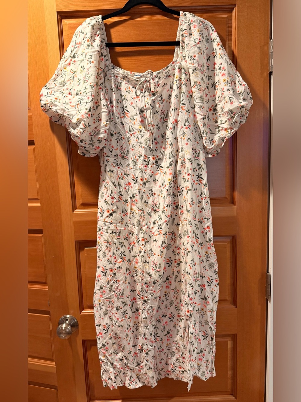 Old Navy White Floral Puff-Sleeve Midi Dress with Orange & Green Accents